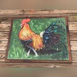 Rooster Chicken Impasto Painting Original Impressionism 24x30” Farm Cottage VTG